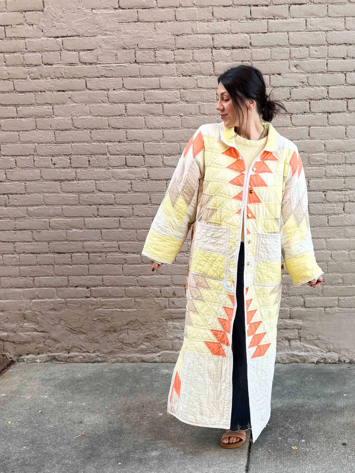 Yellow and orange long quilt coat
