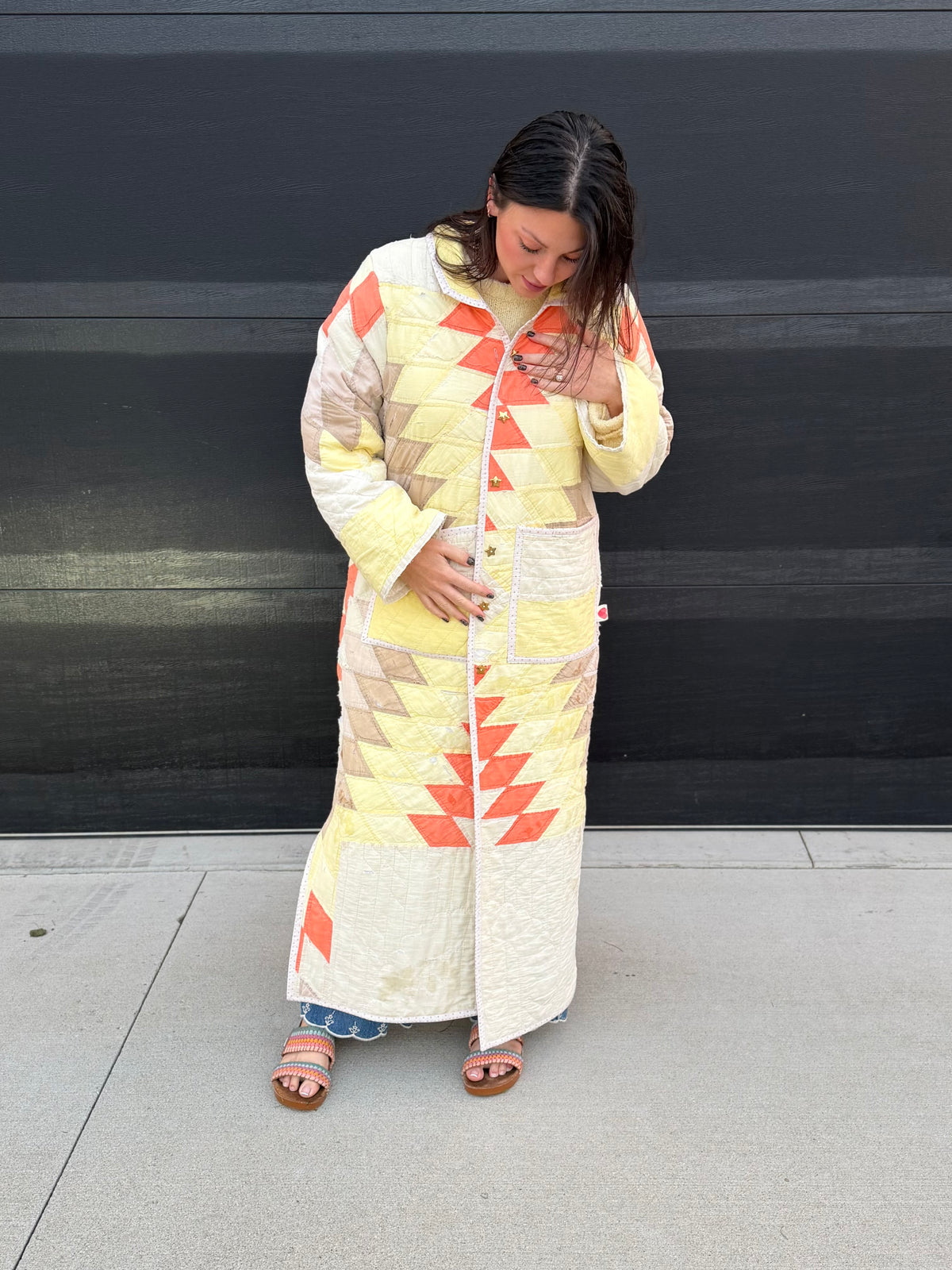 Yellow and orange long quilt coat