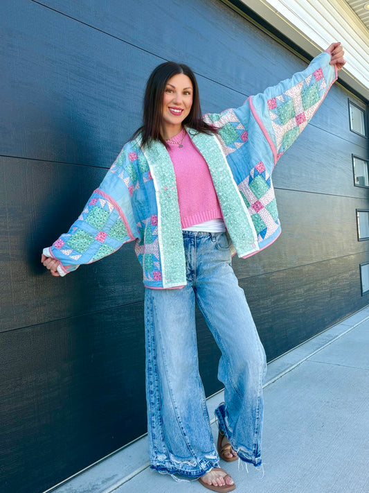 M/L short quilt coat- pink, green, blue