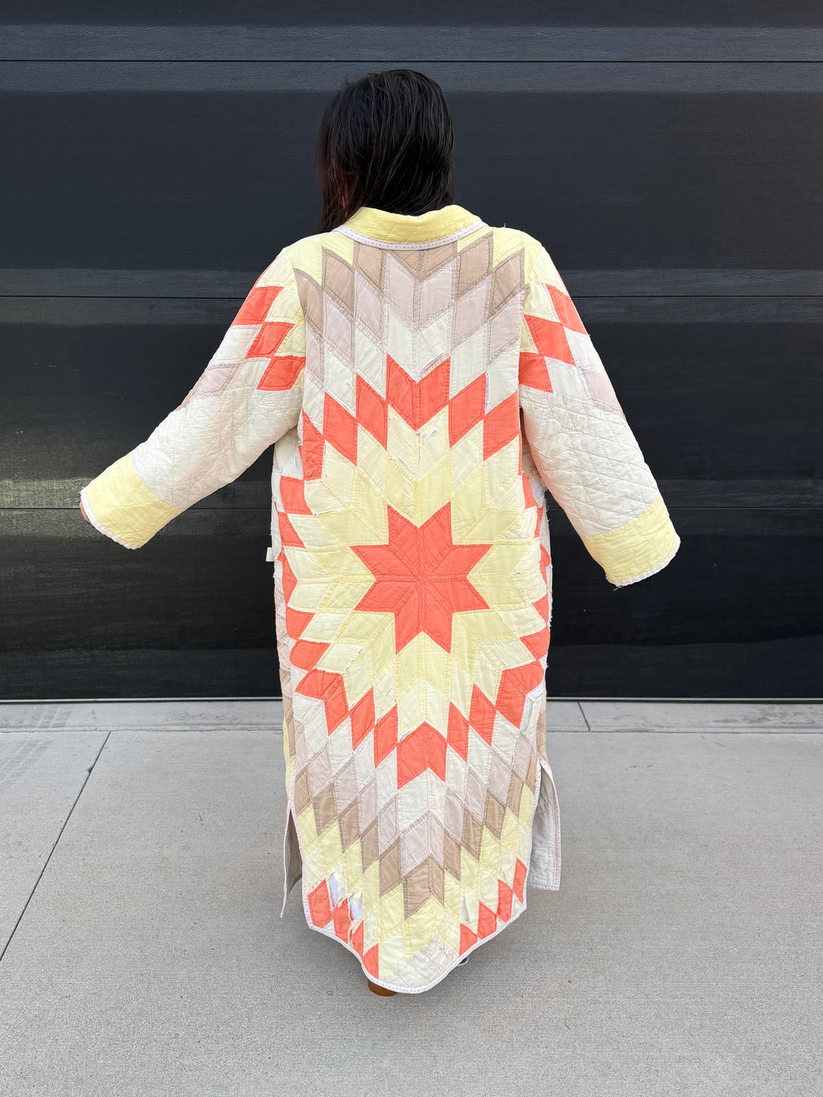 Yellow and orange long quilt coat